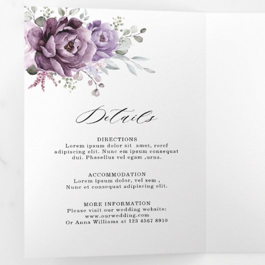ダスティパープルの花々が咲き誇るムーディーなフラワーズウェディング 三つ折り案内状 (内部最初)