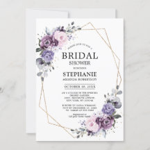 ダスティパープルの花々が幾何学的にデザインされたエレガントなモダンなフラワーブライダルシャワーの招待