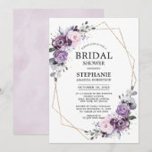 ダスティパープルの花々が幾何学的にデザインされたエレガントなモダンなフラワーブライダルシャワーの招待 招待状 (正面/裏面)