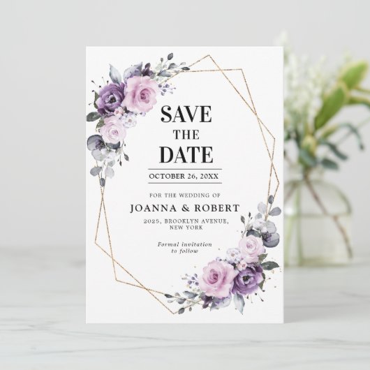 ダスティパープルの花の幾何学的なウェディングセーブザデートカード セーブザデート (スタンド正面)