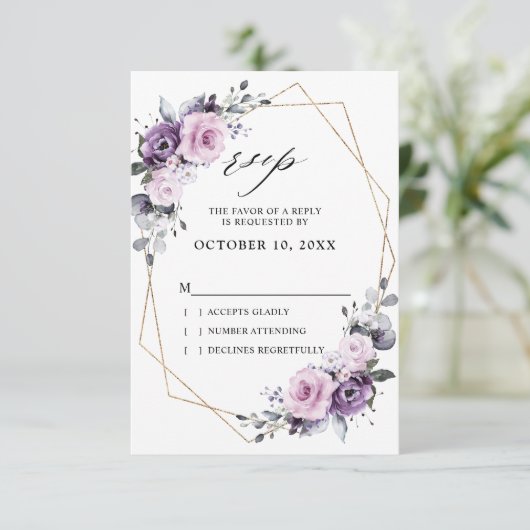 ダスティパープルの花の幾何学的なウェディング 出欠カード (スタンド正面)