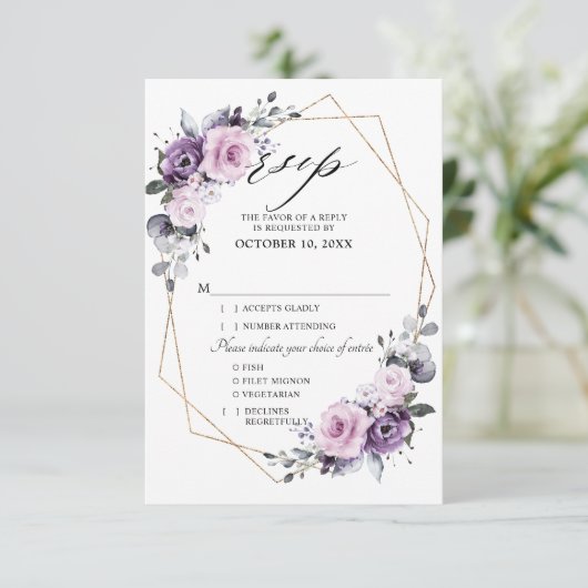 ダスティパープルの花の幾何学的なウェディング 出欠カード (スタンド正面)