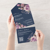 ダスティパープルの花のQRコード ネイビーブルーの結婚式 オールインワン招待状 (貼ってはがせる)