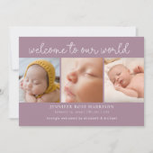 ダスティパープルウェルカムフォトコラージュ誕生 案内状 (正面)