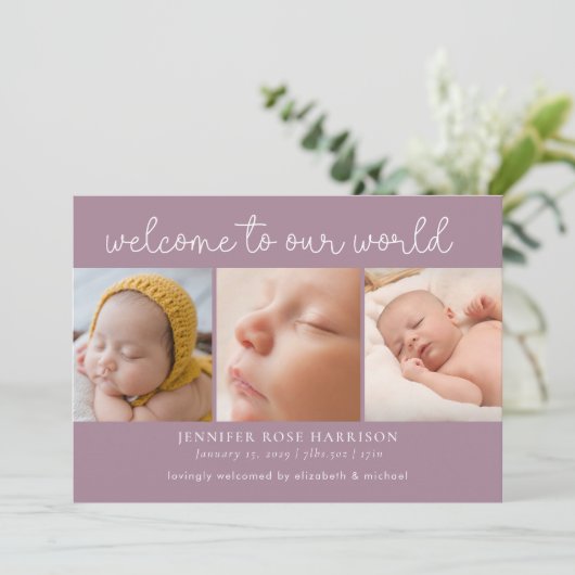 ダスティパープルウェルカムフォトコラージュ誕生 案内状 (スタンド正面)