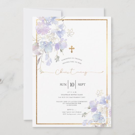 ダスティパープルウォーター色スイートピース《キリスト教》洗礼式や命名式 招待状 (正面)