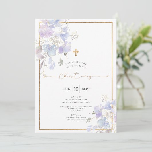 ダスティパープルウォーター色スイートピース《キリスト教》洗礼式や命名式 招待状 (スタンド正面)