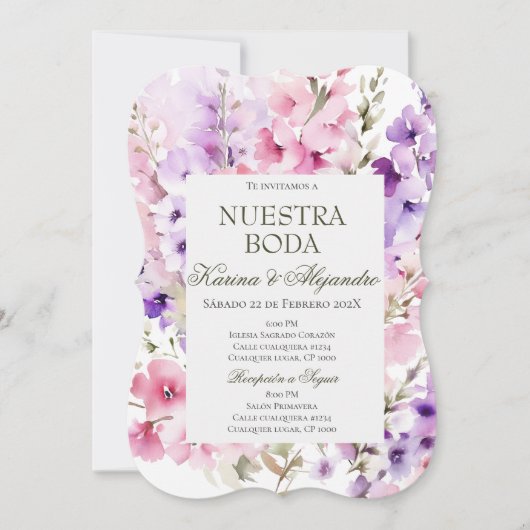 ダスティパープルエレガントフローラボホ結婚の招待 招待状 (正面)