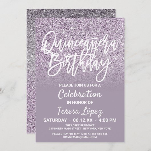ダスティパープルグレイフェイクグリッターキンセグラデーションーニェラ 招待状 (正面/裏面)