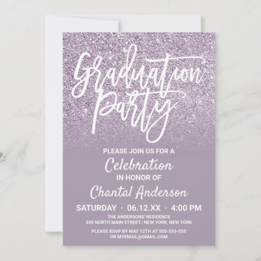 ダスティパープルグレイフェイクグリッターグラデーション卒業 招待状 (正面)