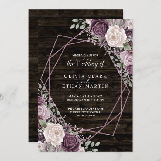 ダスティパープルバラフローラダークウッド上の幾何学的 招待状 (正面/裏面)