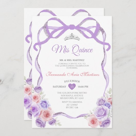 ダスティパープルピンクフローラボウシルバーミンス 招待状 (正面/裏面)