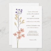 ダスティパープルピーチシンプルフローラ結婚ズ 招待状 (正面/裏面)