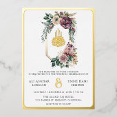 ダスティパープルフローラクレストムスリム結婚ズ金ゴールド 箔招待状 (正面)