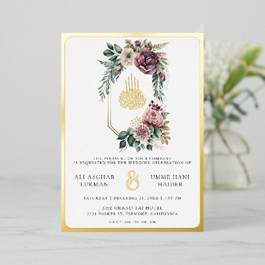 ダスティパープルフローラクレストムスリム結婚ズ金ゴールド 箔招待状 (立ち正面)