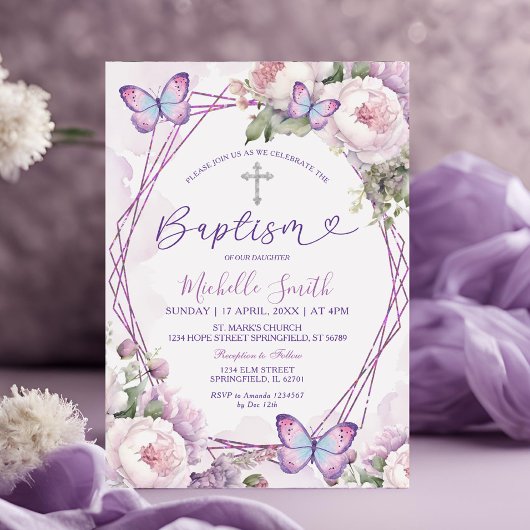 ダスティパープルフローラバタフライガールシルバーバプテスマ 招待状