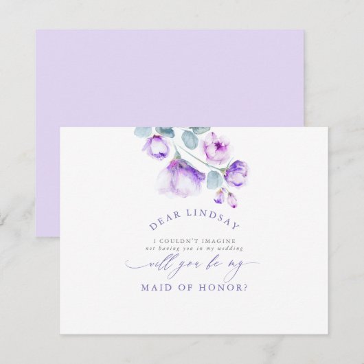 ダスティパープルフローラブライドメイド – メイド・オブ・オーナー（花嫁付き添い人） 招待状 (正面/裏面)