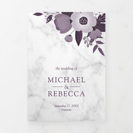 ダスティパープルフローラホワイトマーブルフォト結婚ズ 三つ折り招待状 (カバー)