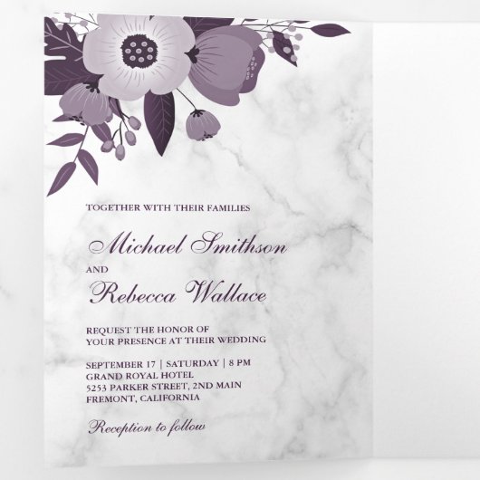 ダスティパープルフローラホワイトマーブルフォト結婚ズ 三つ折り招待状 (内部最初)