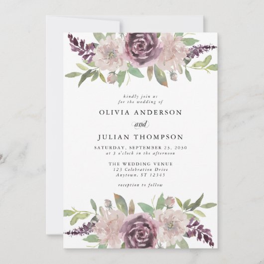 ダスティパープルフローラ水彩結婚式招待状 招待状 (正面)