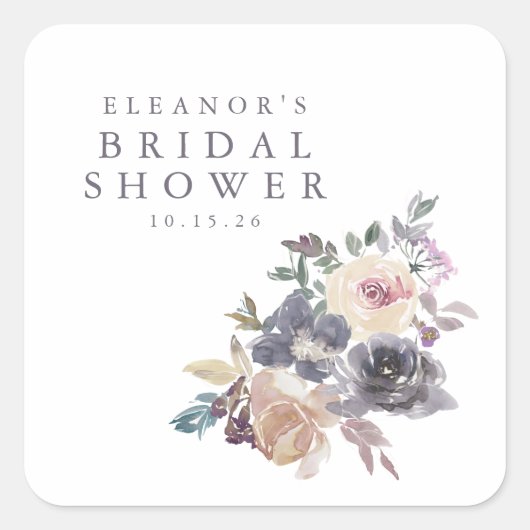 ダスティパープルフローラ水色名ブライダルシャワー スクエアシール (正面)