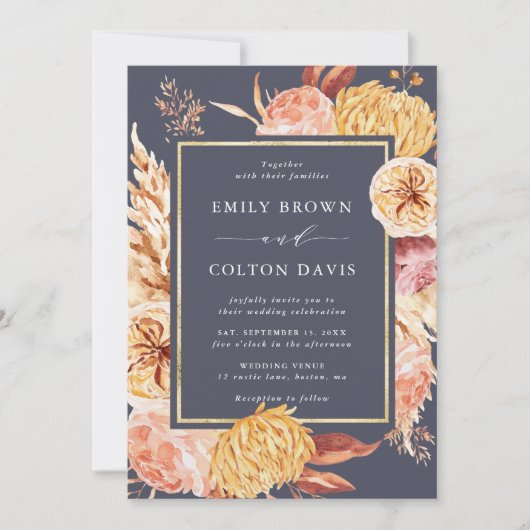 ダスティパープルブルガンディテラコッ結婚タフラワーズ 招待状 (正面)