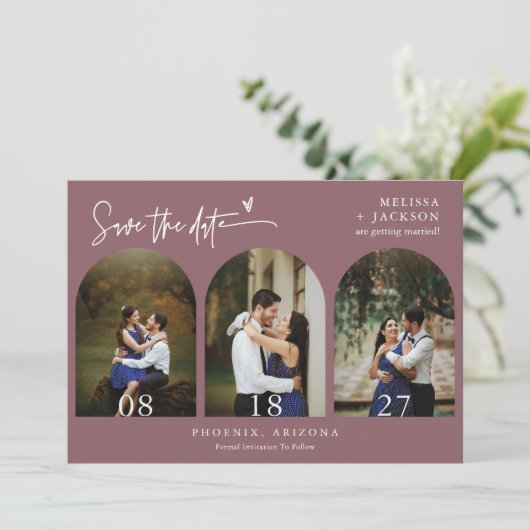 ダスティパープルボホアーチフォトQRコード日付を保存 招待状 (スタンド正面)