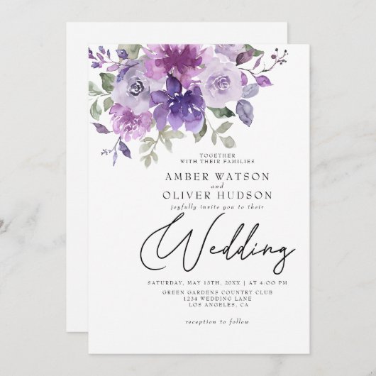 ダスティパープルマウヴ薄紫フローラ庭園の結婚式 招待状 (正面/裏面)