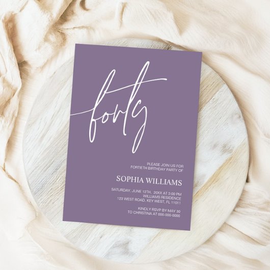 ダスティパープルミニマリスト40th誕生日招待状 招待状