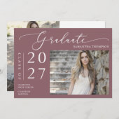 ダスティパープルミニマルスクリプトスクールの卒業写真 招待状 (正面/裏面)