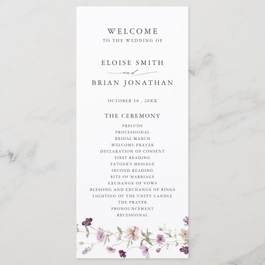 ダスティパープルラベンダーワイルドフラワー庭園の結婚式 プログラム (正面)