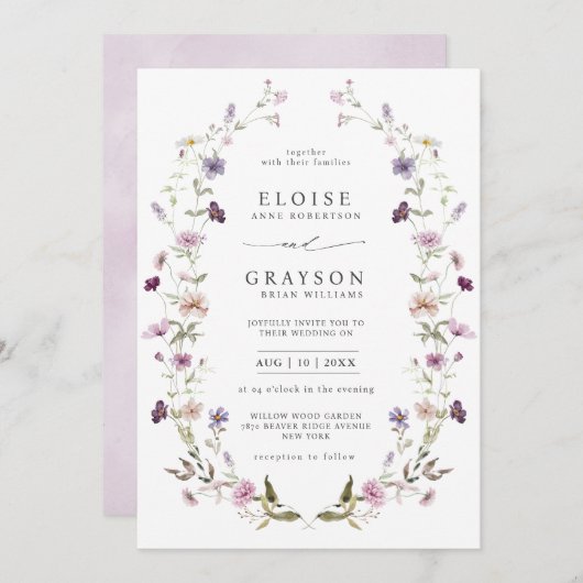 ダスティパープルラベンダーワイルドフラワー庭園の結婚式 招待状 (正面/裏面)