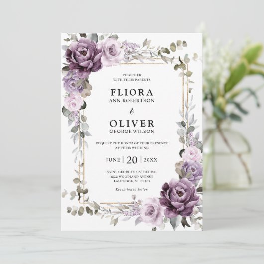 ダスティパープルラベンダー金ゴールド結婚幾何学模様 招待状 (スタンド正面)