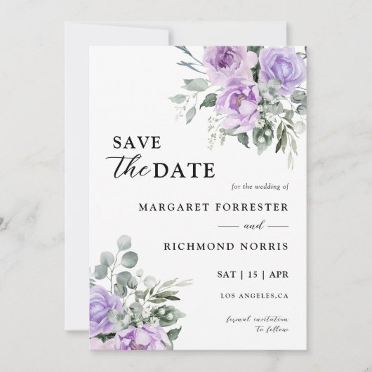 ダスティパープル素朴フローラ結婚式の日付を保存 招待状 (正面)