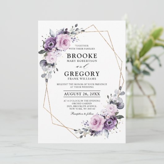 ダスティパープル開花幾何学模様結婚 招待状 (スタンド正面)