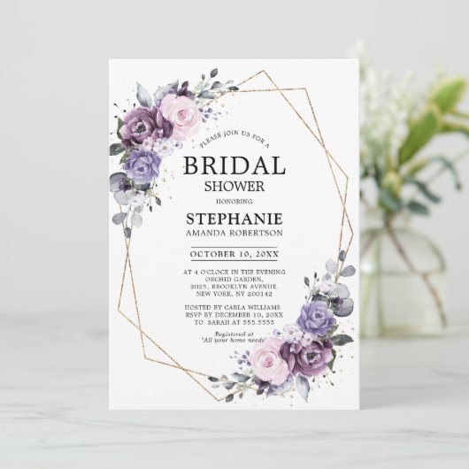 ダスティパープル開花幾何学的ブライダルシャワーインビタ 招待状 (スタンド正面)
