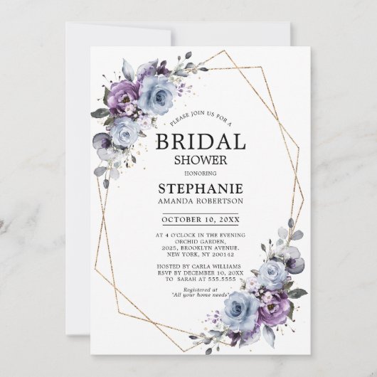 ダスティパープル開花幾何学的ブライダルシャワーインビタ 招待状 (正面)