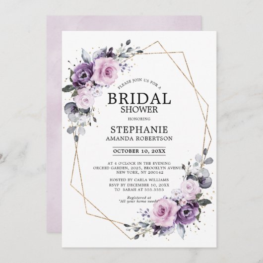 ダスティパープル開花幾何学的ブライダルシャワー 招待状 (正面/裏面)