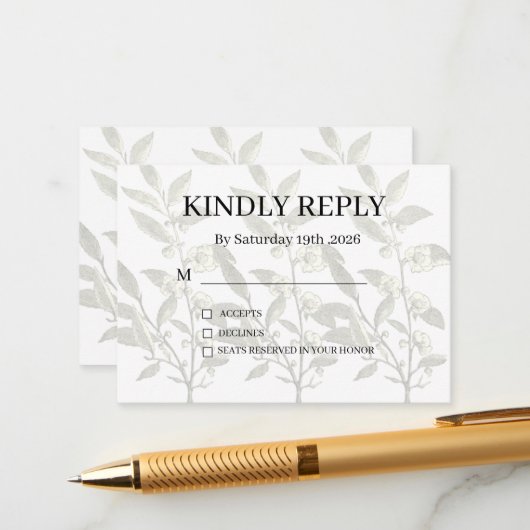 ダスティパープル シルバーグレー フラワー ラスティック RSVP カード (正面/裏面インサイチュ)