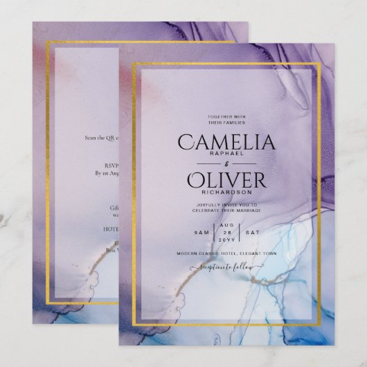 ダスティパープル ネイビーブルー ゴールド インク 結婚式 招待状 (正面/裏面)