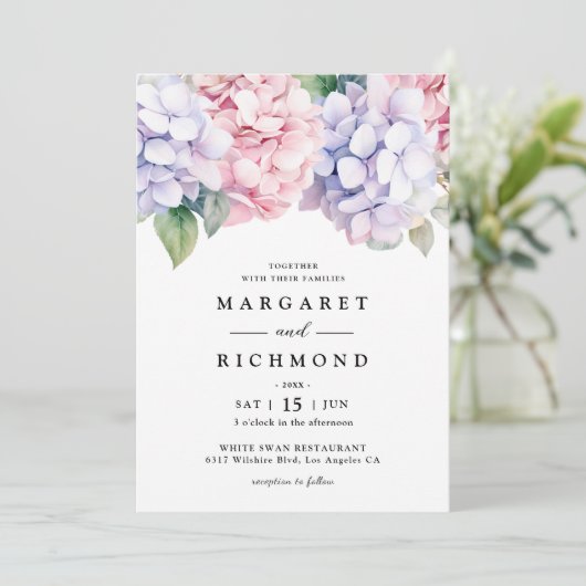 ダスティパープル&赤面ピンクアジサイフローラ結婚ズ 招待状 (スタンド正面)