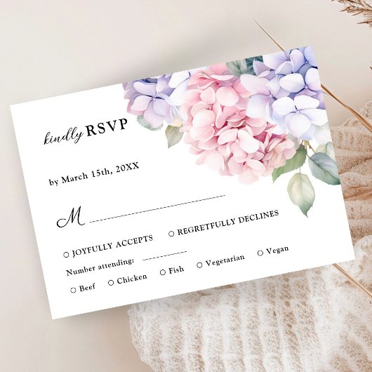 ダスティパープル&赤面ピンクアジサイ結婚式RSVP 出欠カード