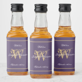 ダスティパープル&金ゴールドシックモノグラム結婚ズミニ リキュールボトルラベル