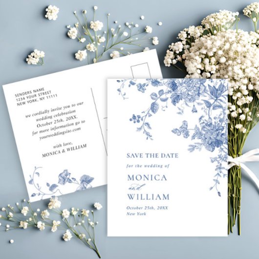 ダスティビクトリアンブルーフローラ結婚式の日付を保存 ポストカード