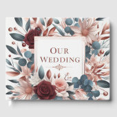 ダスティピンクとブルーの花にバーガンディのバラ ゲストブック (正面)