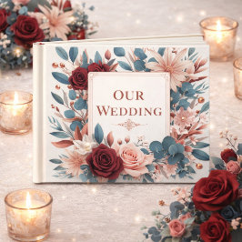 ダスティピンクとブルーの花にバーガンディのバラ ゲストブック