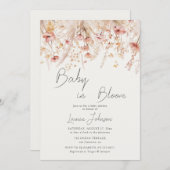 ダスティピンクのクリーム色のワイルドフラワーポピーのベイビーシャワー 招待状 (正面/裏面)