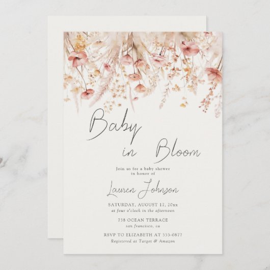 ダスティピンクのクリーム色のワイルドフラワーポピーのベイビーシャワー 招待状 (正面/裏面)
