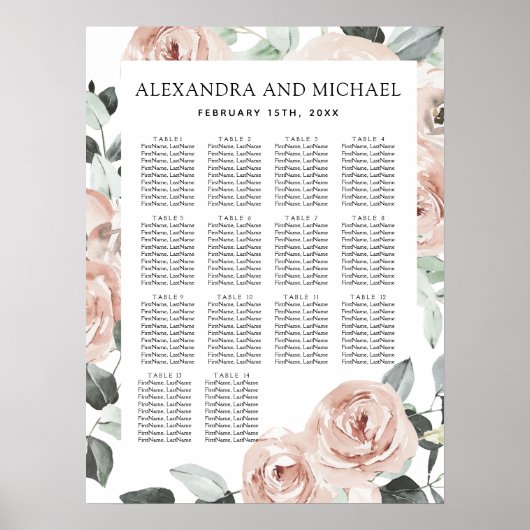 ダスティピンクのセージ緑のフローラ結婚のシーティングチャート ポスター (正面)