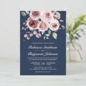 ダスティピンクのバラの写真 ネイビーブルー QRコード 結婚式 招待状 (スタンド正面)
